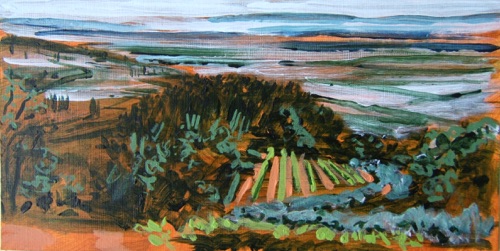 View of Valdichiana, Sinalunga, Tuscany, 6" x 12", acrylic on paneled paper, 2011.
